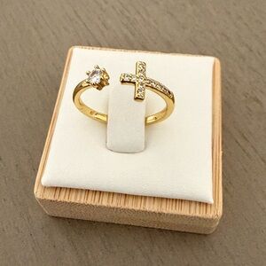 Gold Open Ring with Cross and Solitaire Crystal - Women's Gold Ring